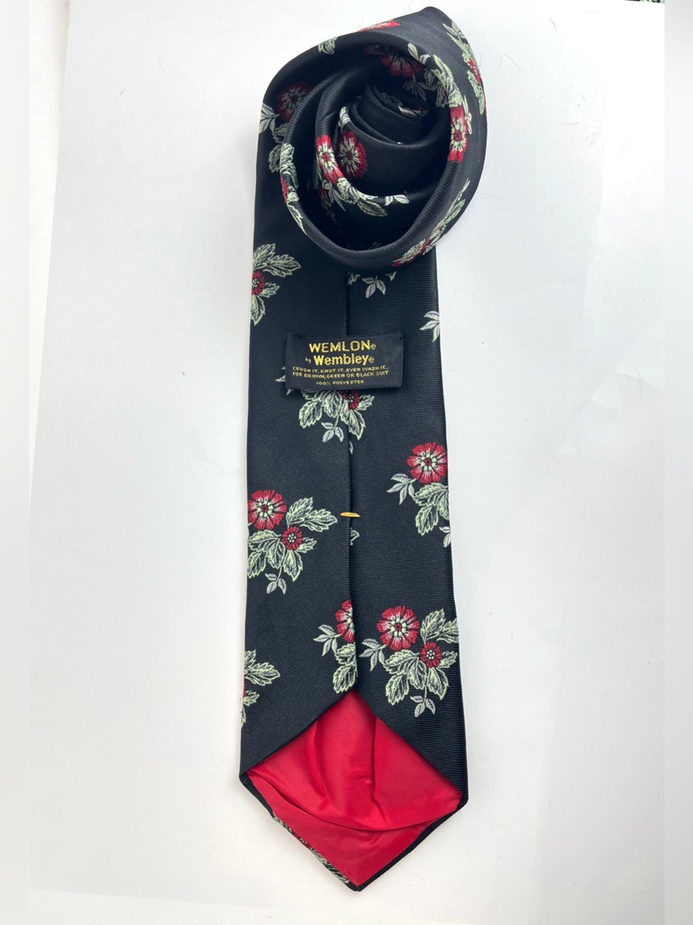 Vintage Wemlon Tie by Wembley •Black w/Red Flowers & Leaves •Classic Wide 55”X4”